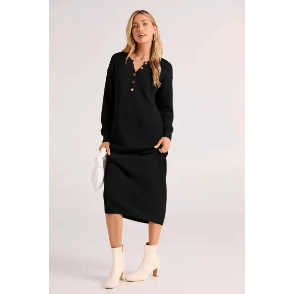imagePRETTYGARDEN Womens 2023 Fall Knit Sweater Dress Long Sleeve Button V Neck Loose Casual Maxi DressesBlack