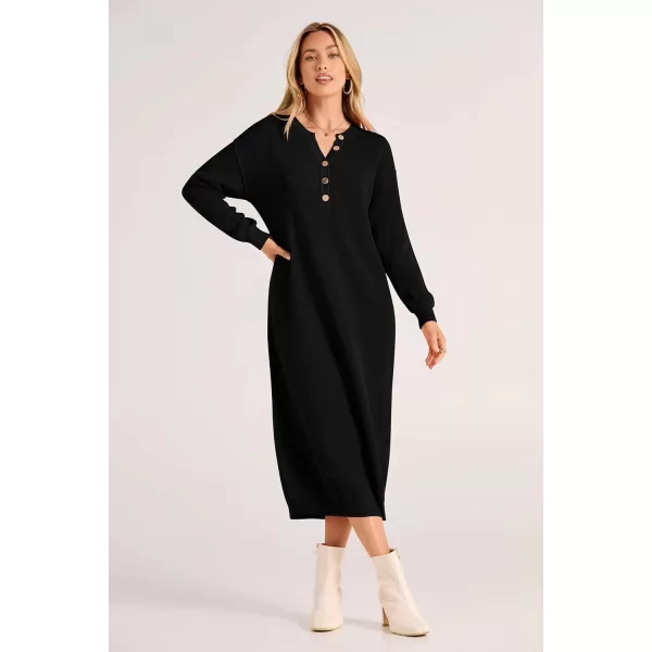 imagePRETTYGARDEN Womens 2023 Fall Knit Sweater Dress Long Sleeve Button V Neck Loose Casual Maxi DressesBlack