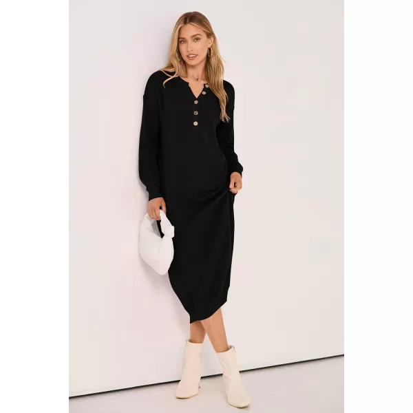 imagePRETTYGARDEN Womens 2023 Fall Knit Sweater Dress Long Sleeve Button V Neck Loose Casual Maxi DressesBlack