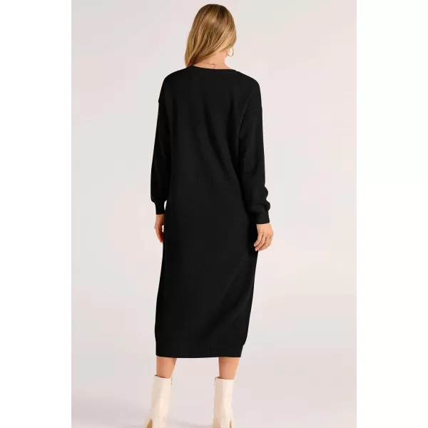 imagePRETTYGARDEN Womens 2023 Fall Knit Sweater Dress Long Sleeve Button V Neck Loose Casual Maxi DressesBlack