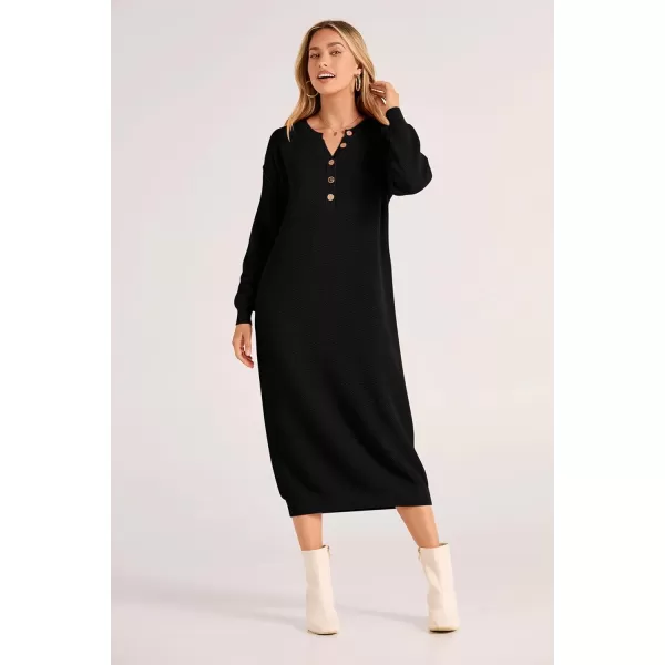 imagePRETTYGARDEN Womens 2023 Fall Knit Sweater Dress Long Sleeve Button V Neck Loose Casual Maxi DressesBlack