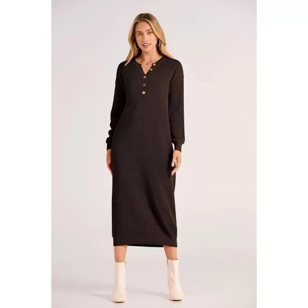 imagePRETTYGARDEN Womens 2023 Fall Knit Sweater Dress Long Sleeve Button V Neck Loose Casual Maxi DressesDark Brown