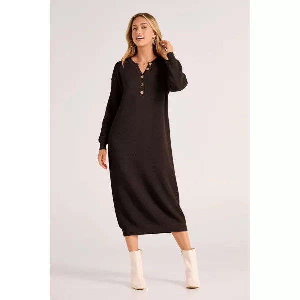 imagePRETTYGARDEN Womens 2023 Fall Knit Sweater Dress Long Sleeve Button V Neck Loose Casual Maxi DressesDark Brown