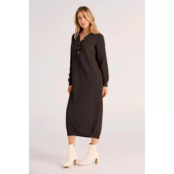 imagePRETTYGARDEN Womens 2023 Fall Knit Sweater Dress Long Sleeve Button V Neck Loose Casual Maxi DressesDark Brown
