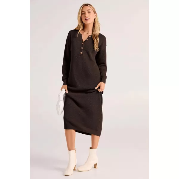 imagePRETTYGARDEN Womens 2023 Fall Knit Sweater Dress Long Sleeve Button V Neck Loose Casual Maxi DressesDark Brown