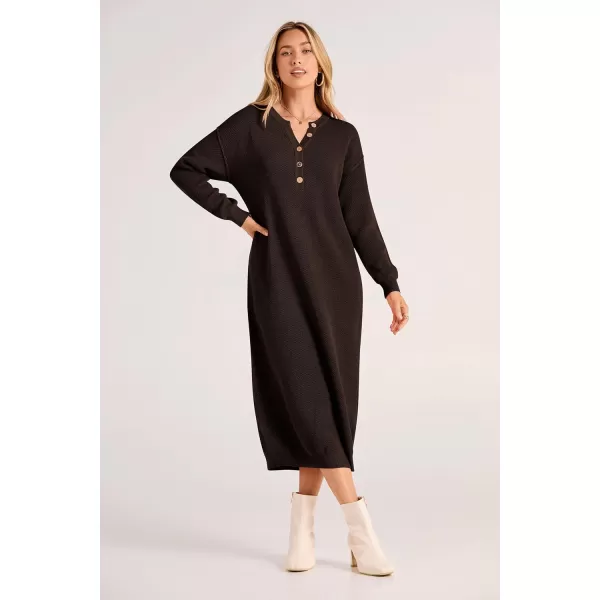 imagePRETTYGARDEN Womens 2023 Fall Knit Sweater Dress Long Sleeve Button V Neck Loose Casual Maxi DressesDark Brown