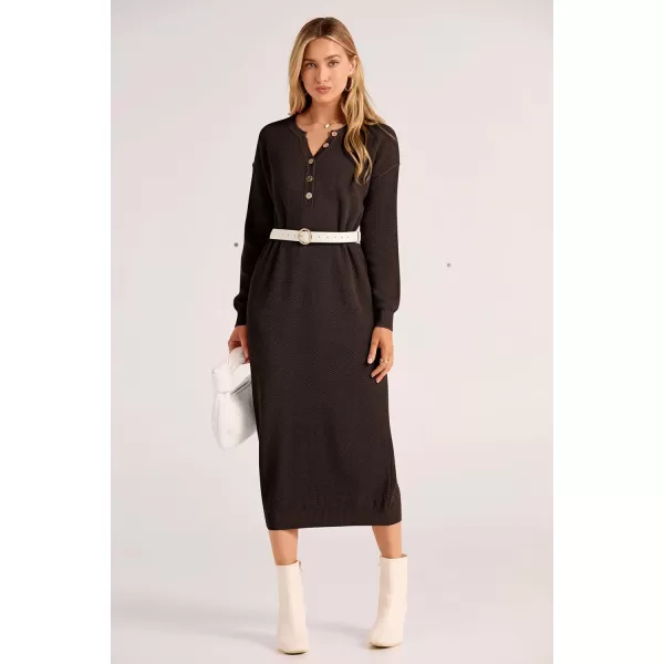imagePRETTYGARDEN Womens 2023 Fall Knit Sweater Dress Long Sleeve Button V Neck Loose Casual Maxi DressesDark Brown
