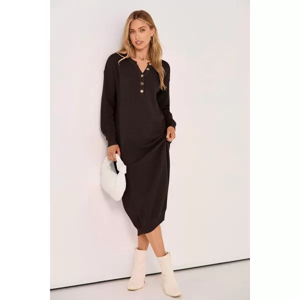 imagePRETTYGARDEN Womens 2023 Fall Knit Sweater Dress Long Sleeve Button V Neck Loose Casual Maxi DressesDark Brown