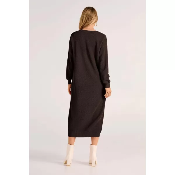 imagePRETTYGARDEN Womens 2023 Fall Knit Sweater Dress Long Sleeve Button V Neck Loose Casual Maxi DressesDark Brown