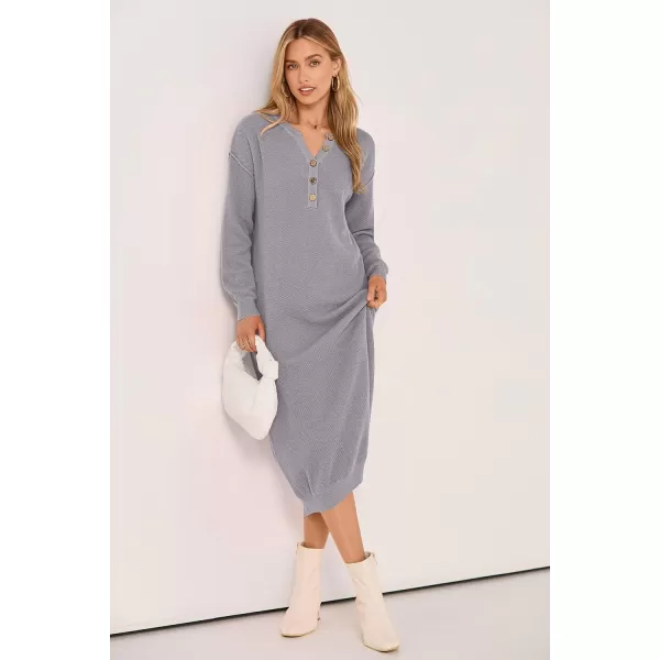 imagePRETTYGARDEN Womens 2023 Fall Knit Sweater Dress Long Sleeve Button V Neck Loose Casual Maxi DressesGrey