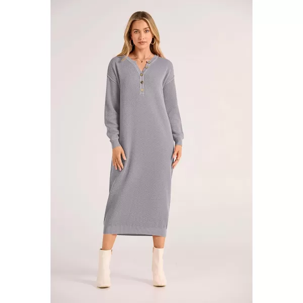 imagePRETTYGARDEN Womens 2023 Fall Knit Sweater Dress Long Sleeve Button V Neck Loose Casual Maxi DressesGrey