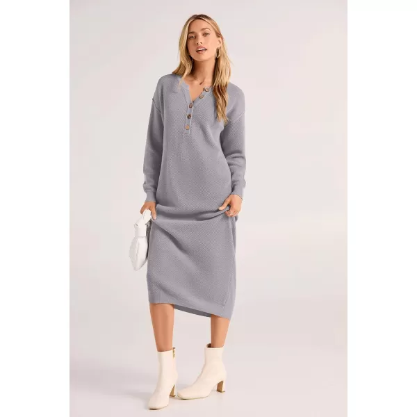 imagePRETTYGARDEN Womens 2023 Fall Knit Sweater Dress Long Sleeve Button V Neck Loose Casual Maxi DressesGrey