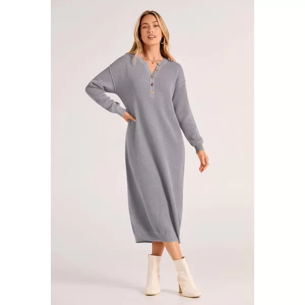 imagePRETTYGARDEN Womens 2023 Fall Knit Sweater Dress Long Sleeve Button V Neck Loose Casual Maxi DressesGrey