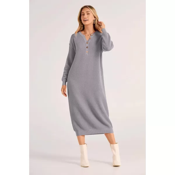 imagePRETTYGARDEN Womens 2023 Fall Knit Sweater Dress Long Sleeve Button V Neck Loose Casual Maxi DressesGrey