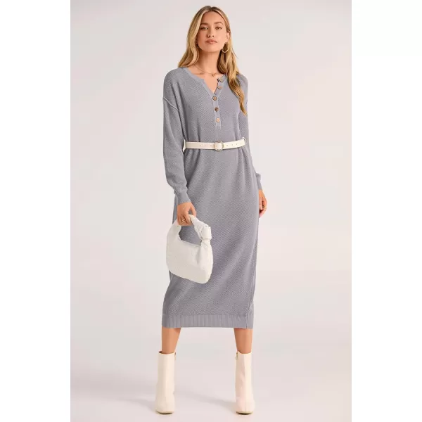 imagePRETTYGARDEN Womens 2023 Fall Knit Sweater Dress Long Sleeve Button V Neck Loose Casual Maxi DressesGrey