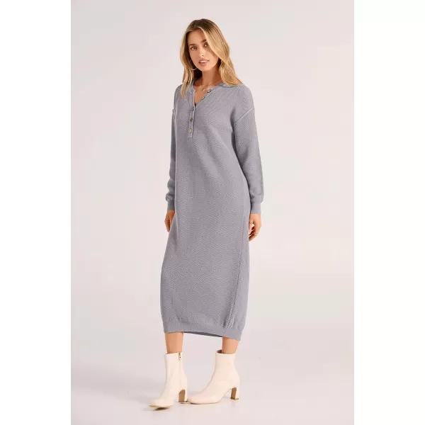 imagePRETTYGARDEN Womens 2023 Fall Knit Sweater Dress Long Sleeve Button V Neck Loose Casual Maxi DressesGrey