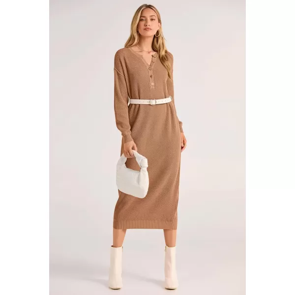 imagePRETTYGARDEN Womens 2023 Fall Knit Sweater Dress Long Sleeve Button V Neck Loose Casual Maxi DressesKhaki