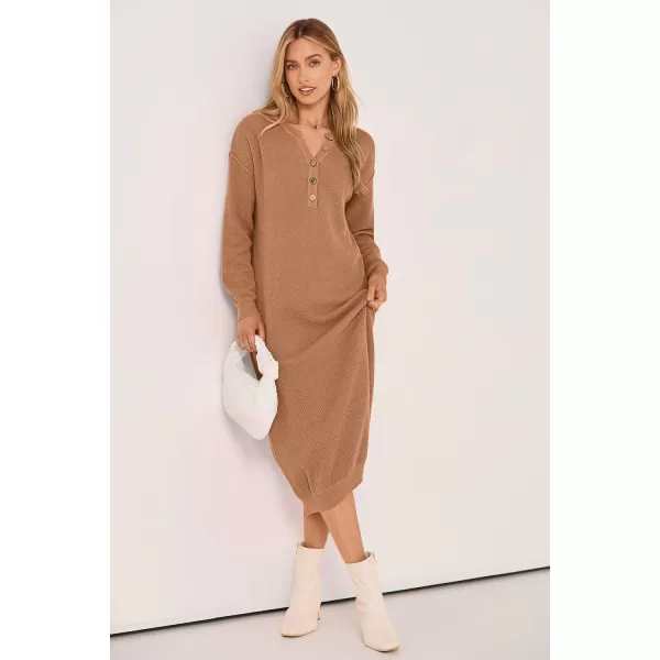 imagePRETTYGARDEN Womens 2023 Fall Knit Sweater Dress Long Sleeve Button V Neck Loose Casual Maxi DressesKhaki