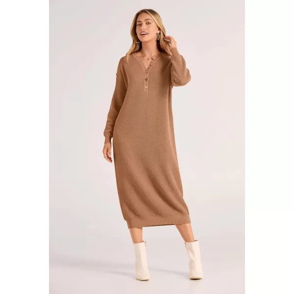 imagePRETTYGARDEN Womens 2023 Fall Knit Sweater Dress Long Sleeve Button V Neck Loose Casual Maxi DressesKhaki