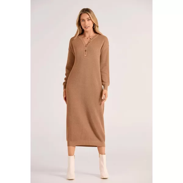 imagePRETTYGARDEN Womens 2023 Fall Knit Sweater Dress Long Sleeve Button V Neck Loose Casual Maxi DressesKhaki
