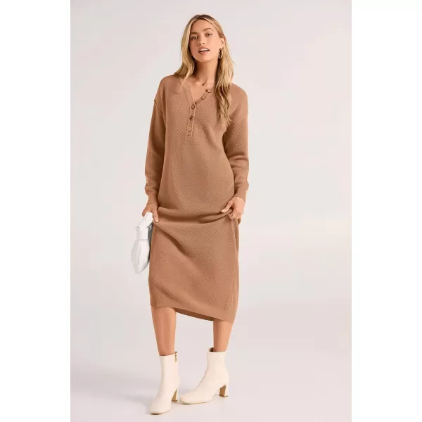imagePRETTYGARDEN Womens 2023 Fall Knit Sweater Dress Long Sleeve Button V Neck Loose Casual Maxi DressesKhaki