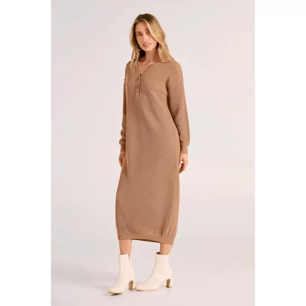 imagePRETTYGARDEN Womens 2023 Fall Knit Sweater Dress Long Sleeve Button V Neck Loose Casual Maxi DressesKhaki