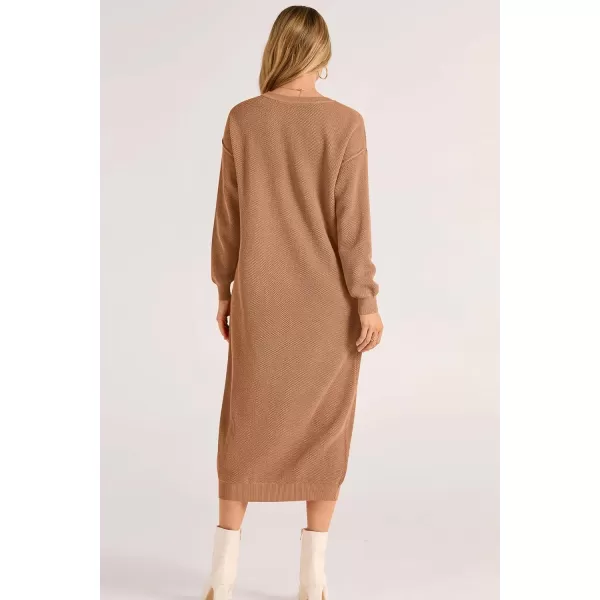 imagePRETTYGARDEN Womens 2023 Fall Knit Sweater Dress Long Sleeve Button V Neck Loose Casual Maxi DressesKhaki