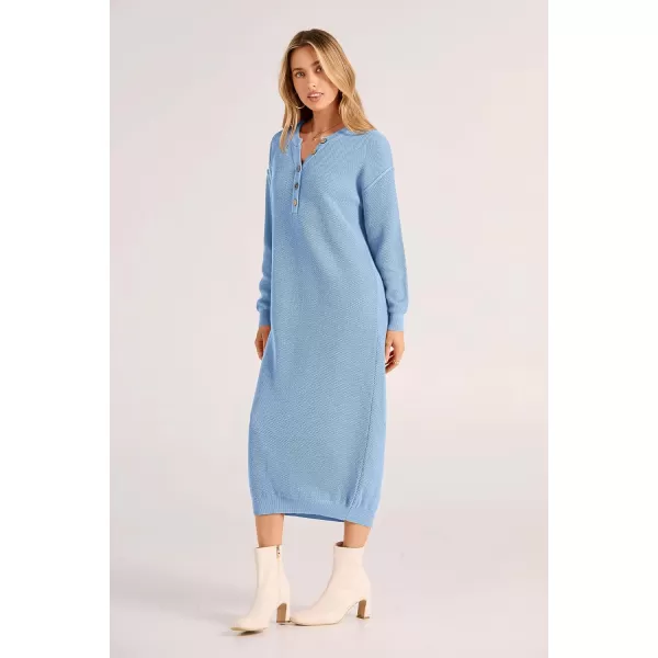 imagePRETTYGARDEN Womens 2023 Fall Knit Sweater Dress Long Sleeve Button V Neck Loose Casual Maxi DressesLight Blue