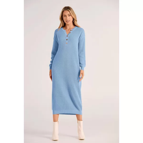 imagePRETTYGARDEN Womens 2023 Fall Knit Sweater Dress Long Sleeve Button V Neck Loose Casual Maxi DressesLight Blue