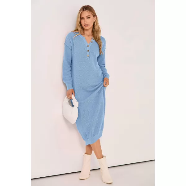 imagePRETTYGARDEN Womens 2023 Fall Knit Sweater Dress Long Sleeve Button V Neck Loose Casual Maxi DressesLight Blue