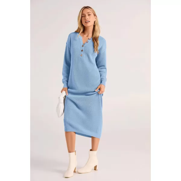 imagePRETTYGARDEN Womens 2023 Fall Knit Sweater Dress Long Sleeve Button V Neck Loose Casual Maxi DressesLight Blue
