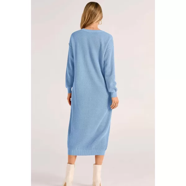 imagePRETTYGARDEN Womens 2023 Fall Knit Sweater Dress Long Sleeve Button V Neck Loose Casual Maxi DressesLight Blue