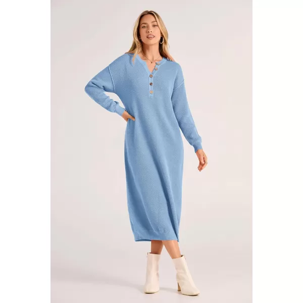 imagePRETTYGARDEN Womens 2023 Fall Knit Sweater Dress Long Sleeve Button V Neck Loose Casual Maxi DressesLight Blue