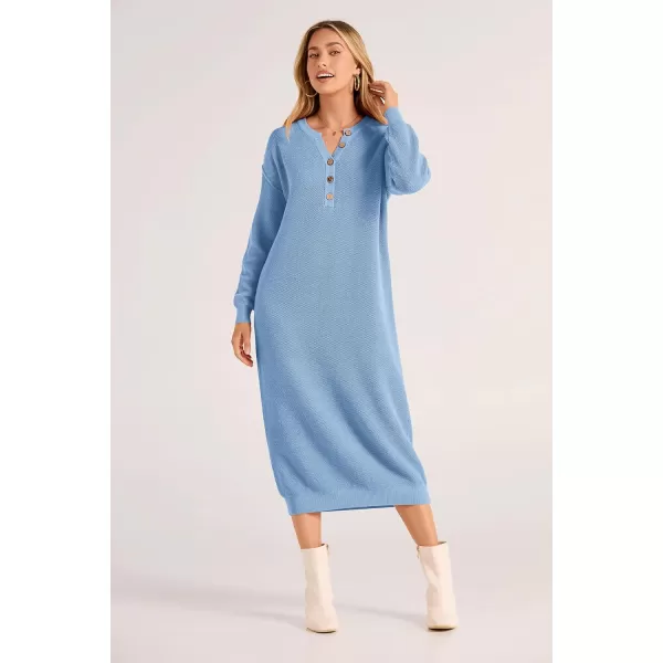 imagePRETTYGARDEN Womens 2023 Fall Knit Sweater Dress Long Sleeve Button V Neck Loose Casual Maxi DressesLight Blue