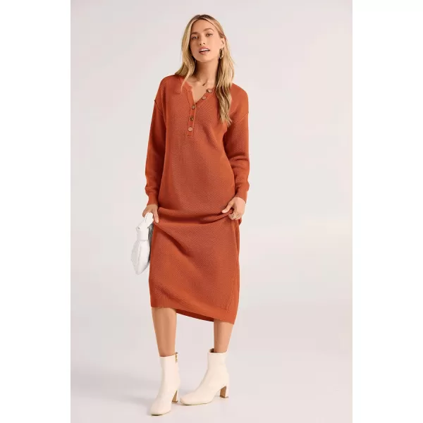 imagePRETTYGARDEN Womens 2023 Fall Knit Sweater Dress Long Sleeve Button V Neck Loose Casual Maxi DressesOrange