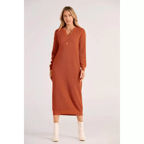 imagePRETTYGARDEN Womens 2023 Fall Knit Sweater Dress Long Sleeve Button V Neck Loose Casual Maxi DressesOrange