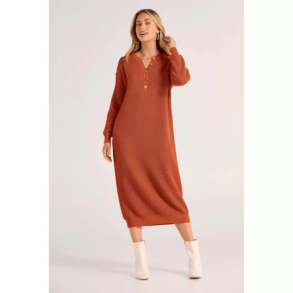 imagePRETTYGARDEN Womens 2023 Fall Knit Sweater Dress Long Sleeve Button V Neck Loose Casual Maxi DressesOrange
