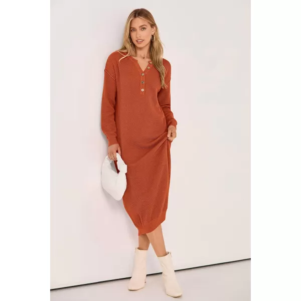 imagePRETTYGARDEN Womens 2023 Fall Knit Sweater Dress Long Sleeve Button V Neck Loose Casual Maxi DressesOrange