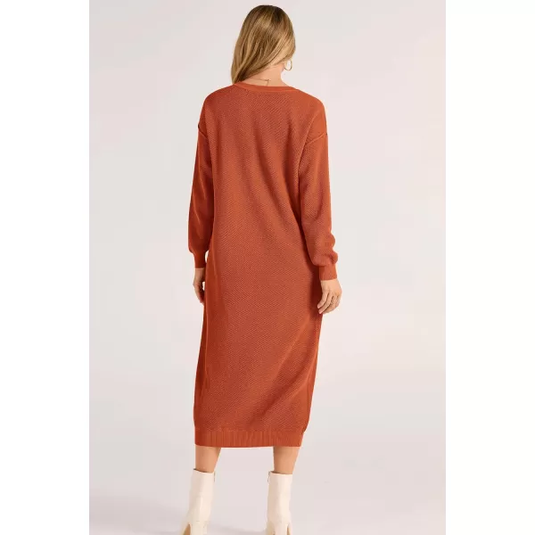 imagePRETTYGARDEN Womens 2023 Fall Knit Sweater Dress Long Sleeve Button V Neck Loose Casual Maxi DressesOrange