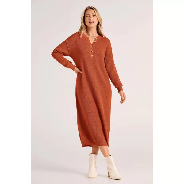 imagePRETTYGARDEN Womens 2023 Fall Knit Sweater Dress Long Sleeve Button V Neck Loose Casual Maxi DressesOrange