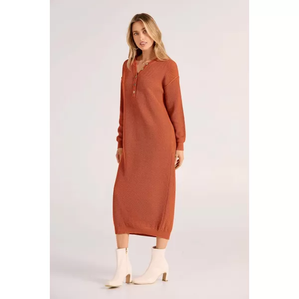 imagePRETTYGARDEN Womens 2023 Fall Knit Sweater Dress Long Sleeve Button V Neck Loose Casual Maxi DressesOrange