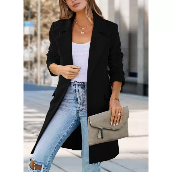 imagePRETTYGARDEN Womens 2023 Fall Long Blazer Jackets Long Sleeve Lapel Pockets Loose Fit Work Casual Blazers OuterwearBlack