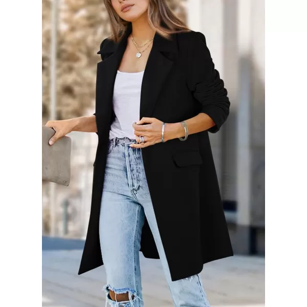 imagePRETTYGARDEN Womens 2023 Fall Long Blazer Jackets Long Sleeve Lapel Pockets Loose Fit Work Casual Blazers OuterwearBlack
