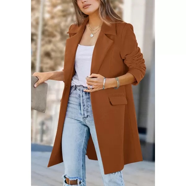 imagePRETTYGARDEN Womens 2023 Fall Long Blazer Jackets Long Sleeve Lapel Pockets Loose Fit Work Casual Blazers OuterwearBrown