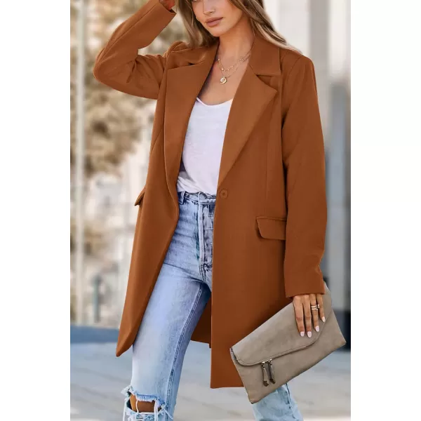 imagePRETTYGARDEN Womens 2023 Fall Long Blazer Jackets Long Sleeve Lapel Pockets Loose Fit Work Casual Blazers OuterwearBrown