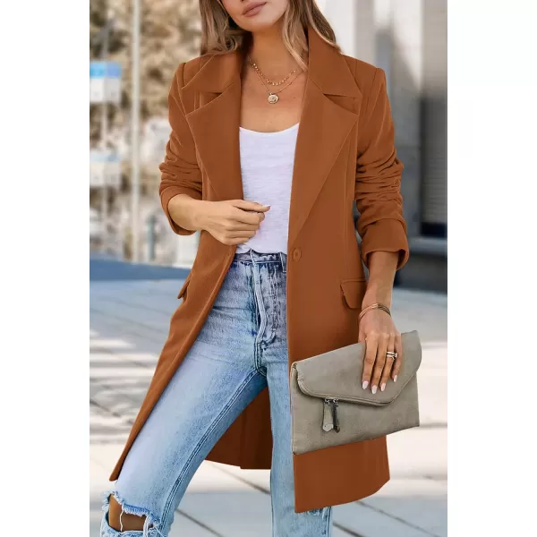 imagePRETTYGARDEN Womens 2023 Fall Long Blazer Jackets Long Sleeve Lapel Pockets Loose Fit Work Casual Blazers OuterwearBrown