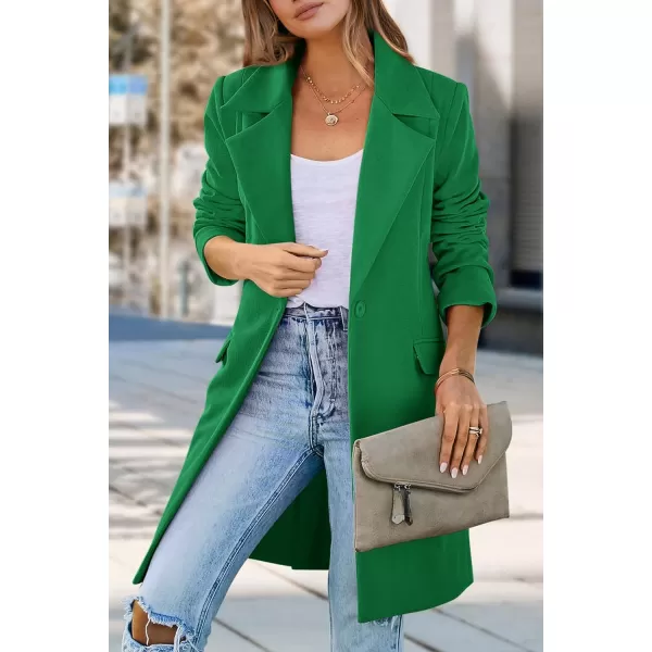 imagePRETTYGARDEN Womens 2023 Fall Long Blazer Jackets Long Sleeve Lapel Pockets Loose Fit Work Casual Blazers OuterwearGreen
