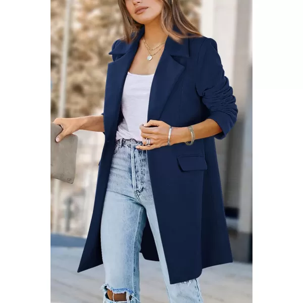 imagePRETTYGARDEN Womens 2023 Fall Long Blazer Jackets Long Sleeve Lapel Pockets Loose Fit Work Casual Blazers OuterwearNavy