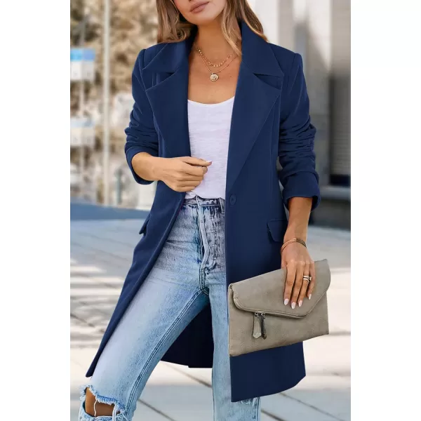 imagePRETTYGARDEN Womens 2023 Fall Long Blazer Jackets Long Sleeve Lapel Pockets Loose Fit Work Casual Blazers OuterwearNavy