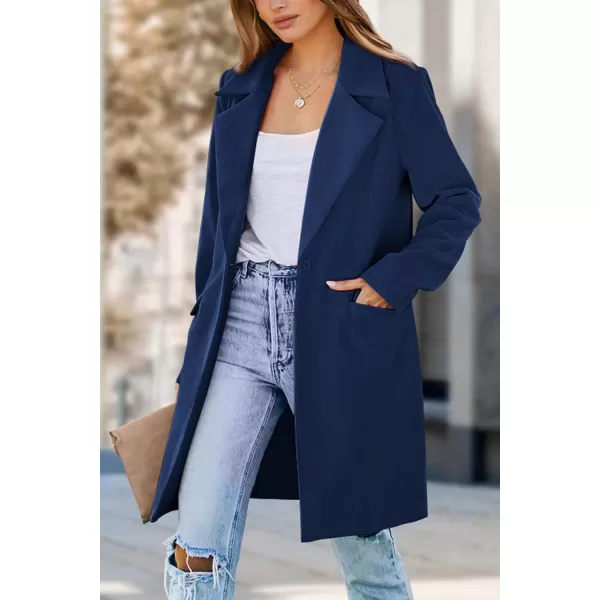 imagePRETTYGARDEN Womens 2023 Fall Long Blazer Jackets Long Sleeve Lapel Pockets Loose Fit Work Casual Blazers OuterwearNavy